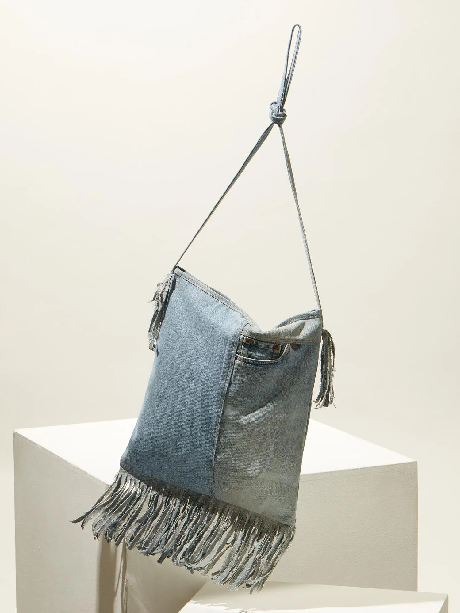 BIG DENIM BAG WITH FRINGES