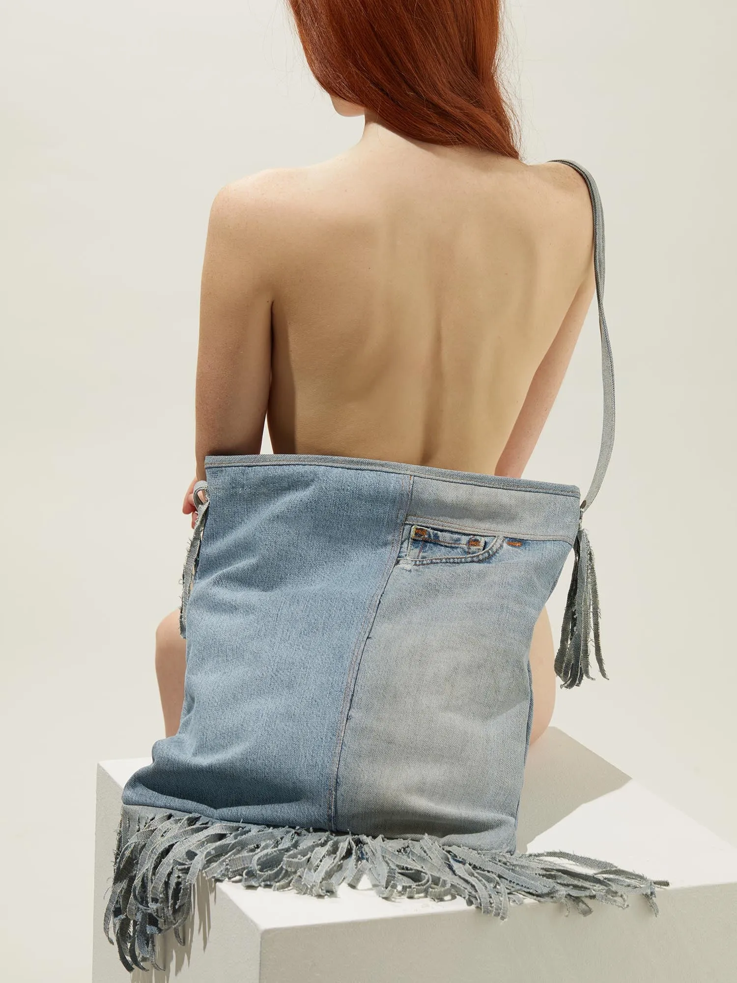 BIG DENIM BAG WITH FRINGES