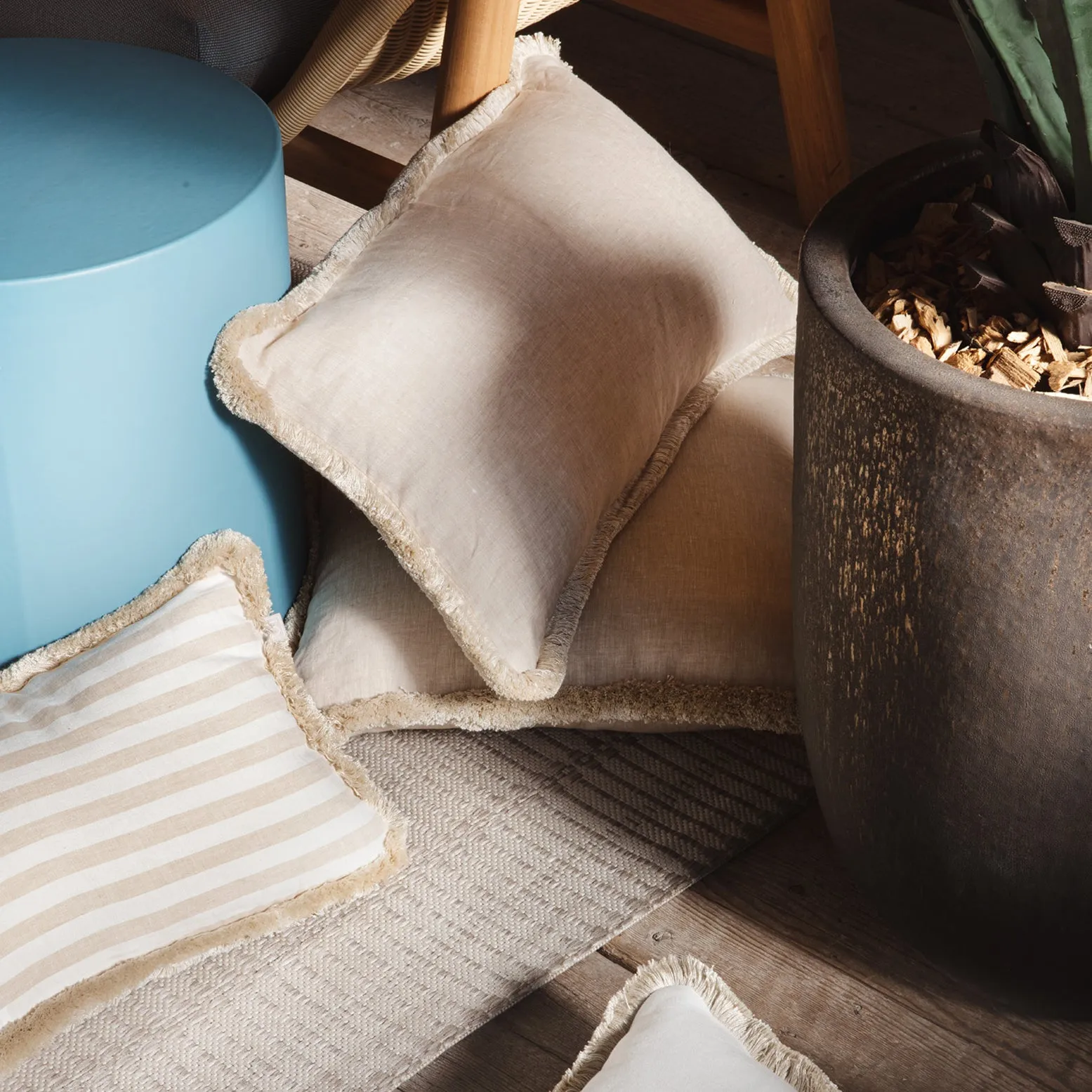 HAPPY LINEN PILLOW | BEIGE WITH BEIGE FRINGES  SOFT LINEN CUSHION WITH COTTON FRINGES