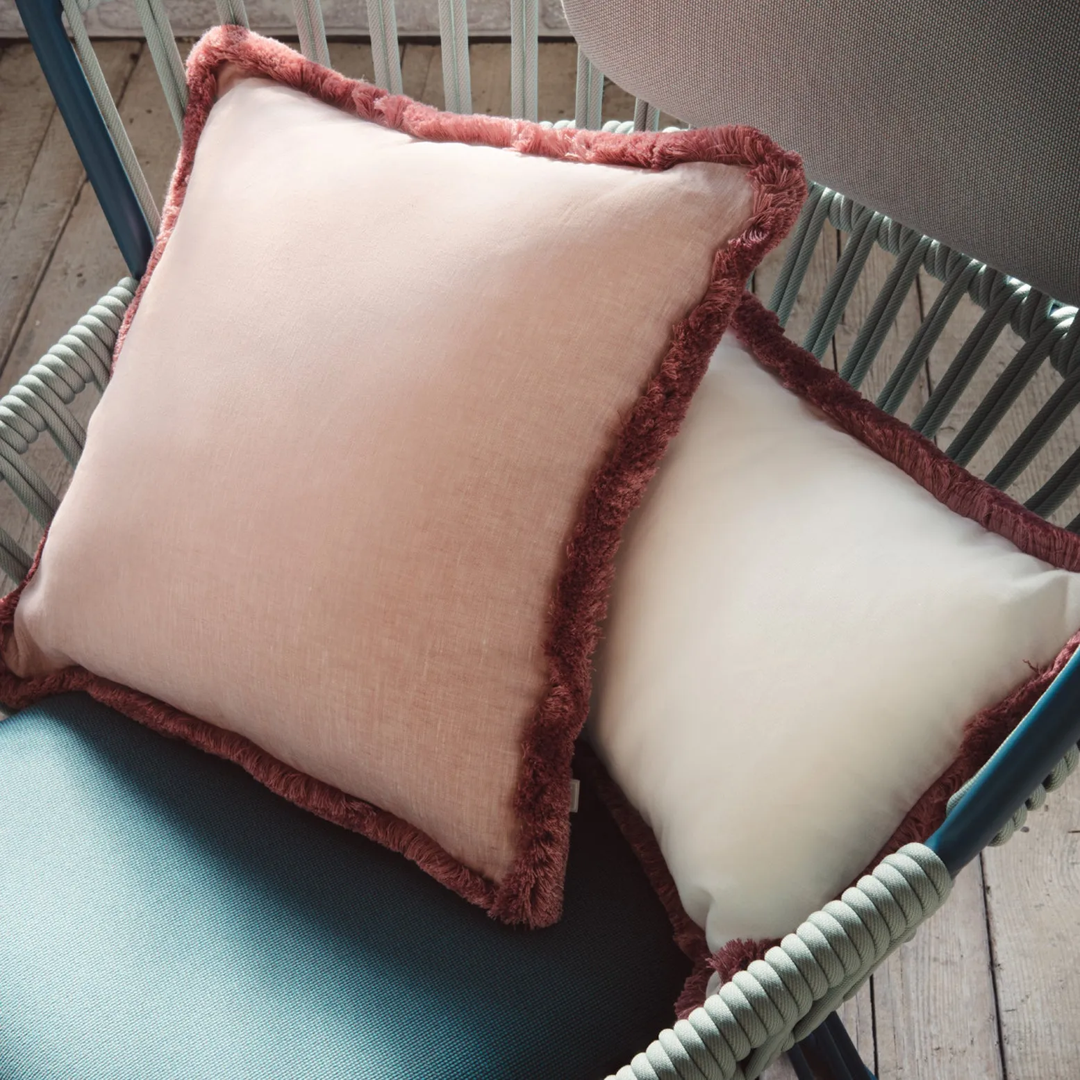 HAPPY LINEN PILLOW | LIGHT PINK WITH LIGHT PINK FRINGES   SOFT LINEN CUSHION WITH COTTON FRINGES