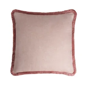 HAPPY LINEN PILLOW | LIGHT PINK WITH LIGHT PINK FRINGES   SOFT LINEN CUSHION WITH COTTON FRINGES