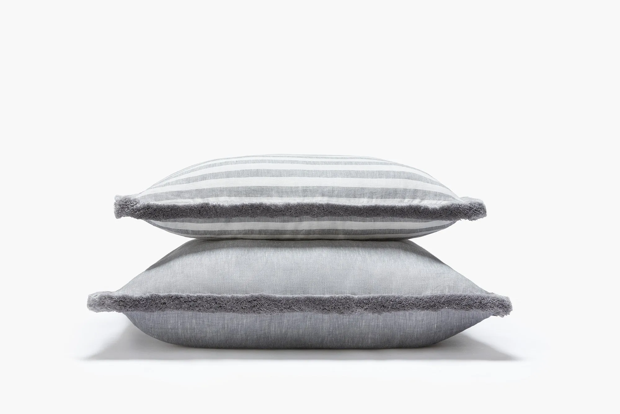 HAPPY LINEN PILLOW | STRIPED WHITE WITH GREY FRINGES SOFT LINEN CUSHION WITH COTTON FRINGES