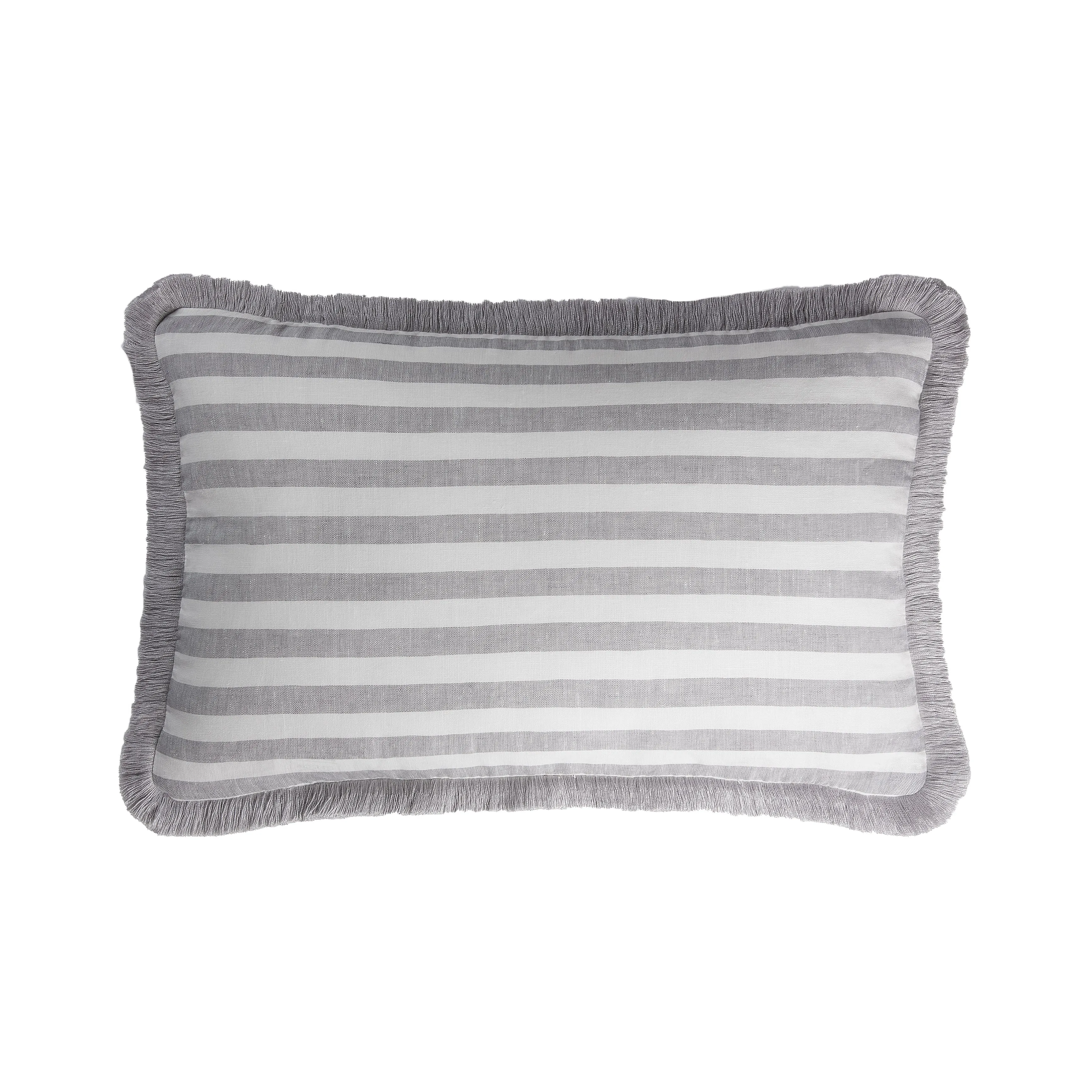 HAPPY LINEN PILLOW | STRIPED WHITE WITH GREY FRINGES SOFT LINEN CUSHION WITH COTTON FRINGES