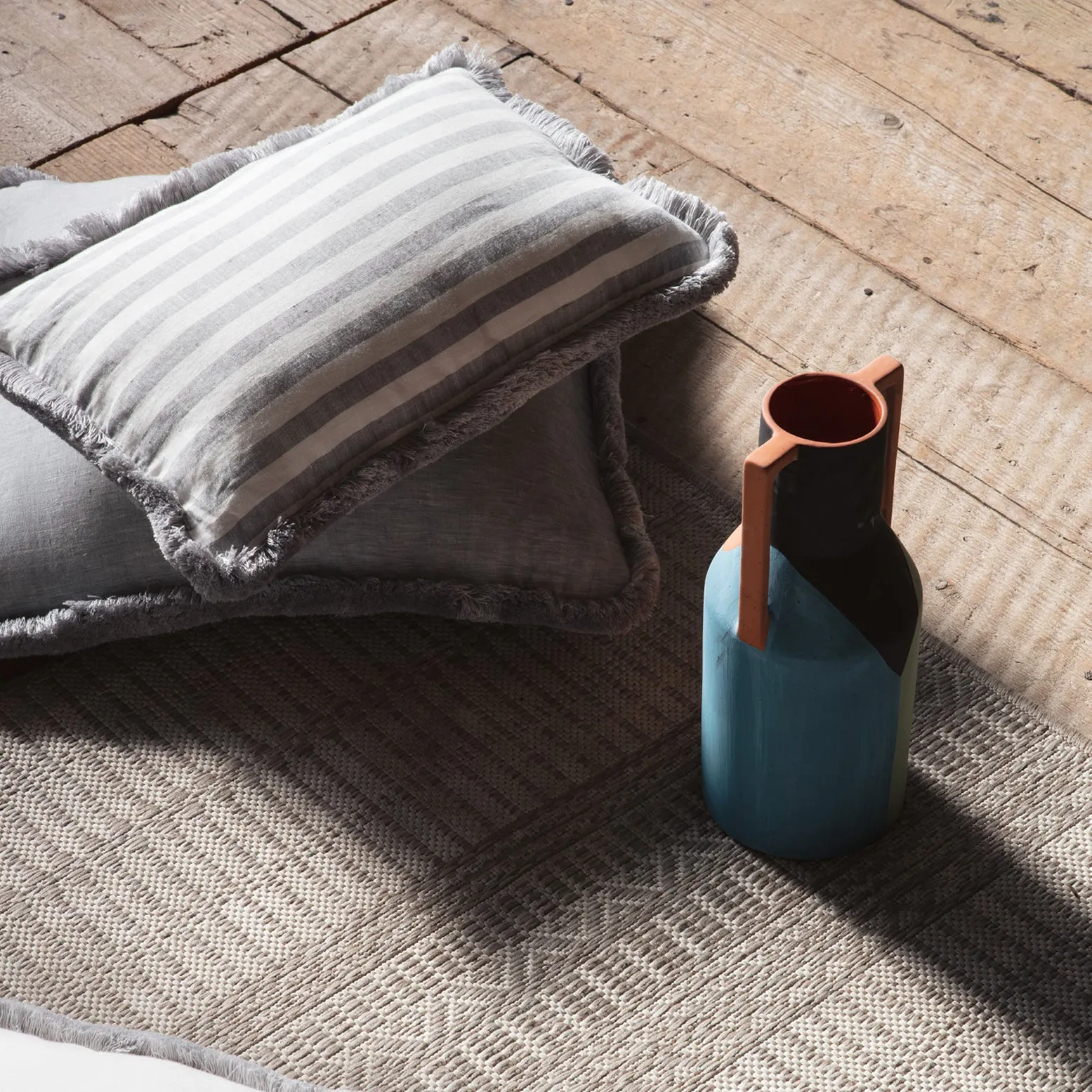 HAPPY LINEN PILLOW | STRIPED WHITE WITH GREY FRINGES SOFT LINEN CUSHION WITH COTTON FRINGES