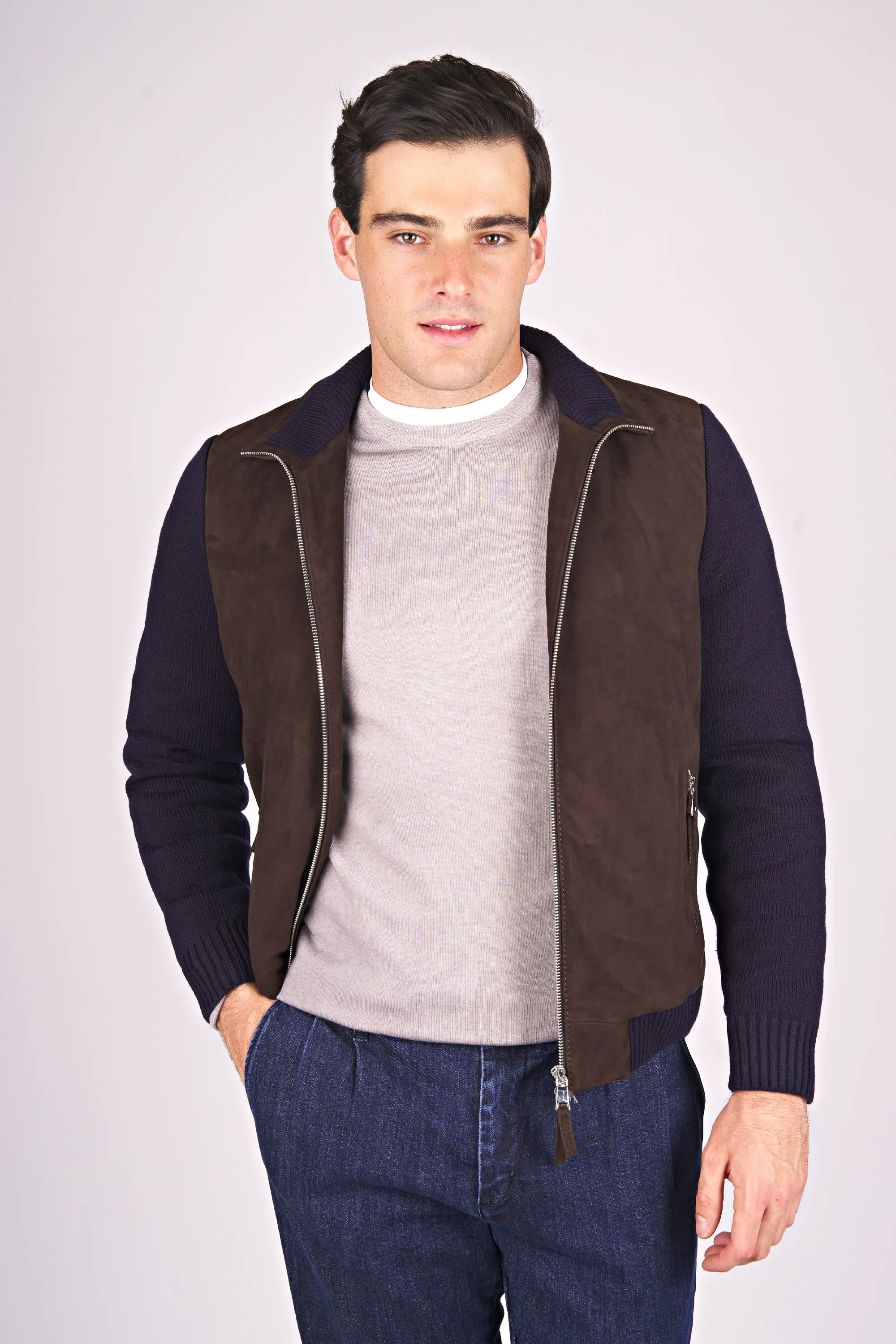 Knit Jacket with Suede Front and Removable Padded Bib